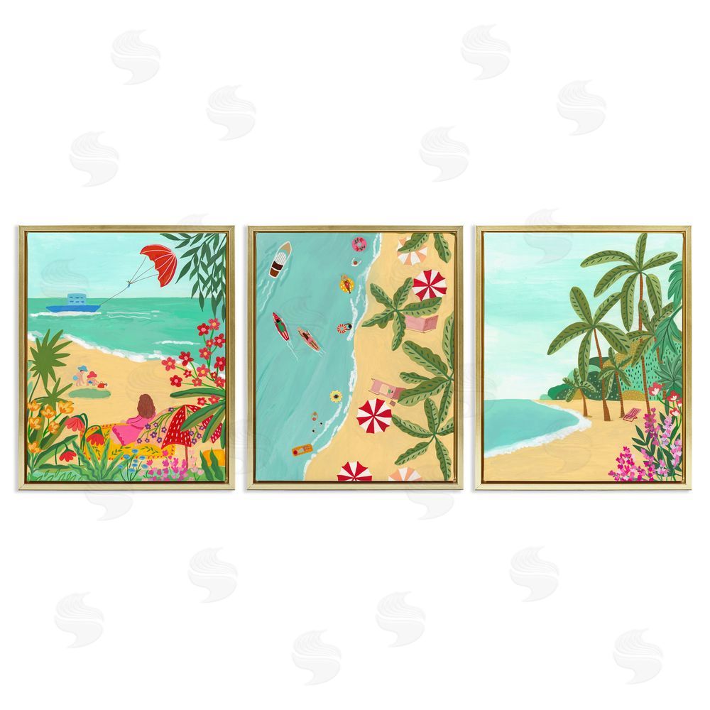 Nabeela Rumi Busy Beach And Flowers Gold Floating Frame Canvas Wall Art Print