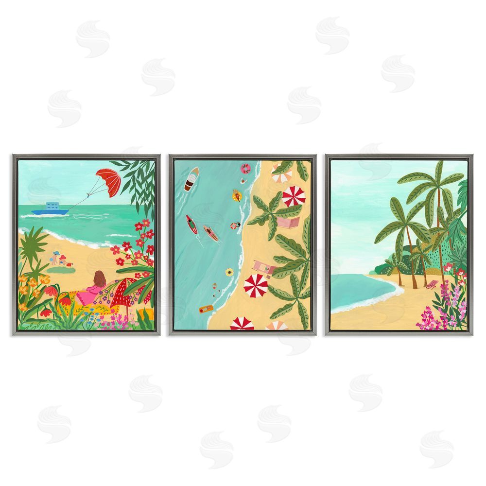 Nabeela Rumi Busy Beach And Flowers Gray Floating Frame Canvas Wall Art Print