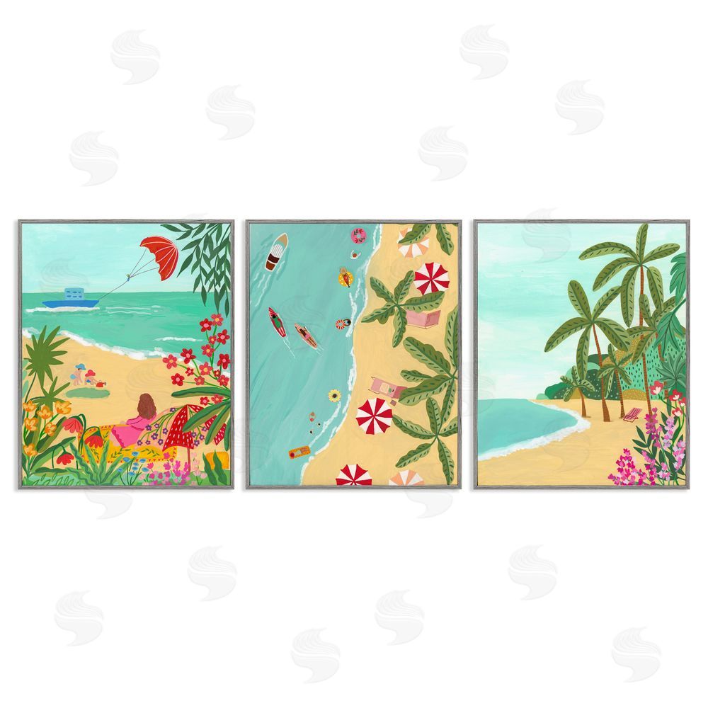 Nabeela Rumi Busy Beach And Flowers Gray Framed Giclee Print Wall Art