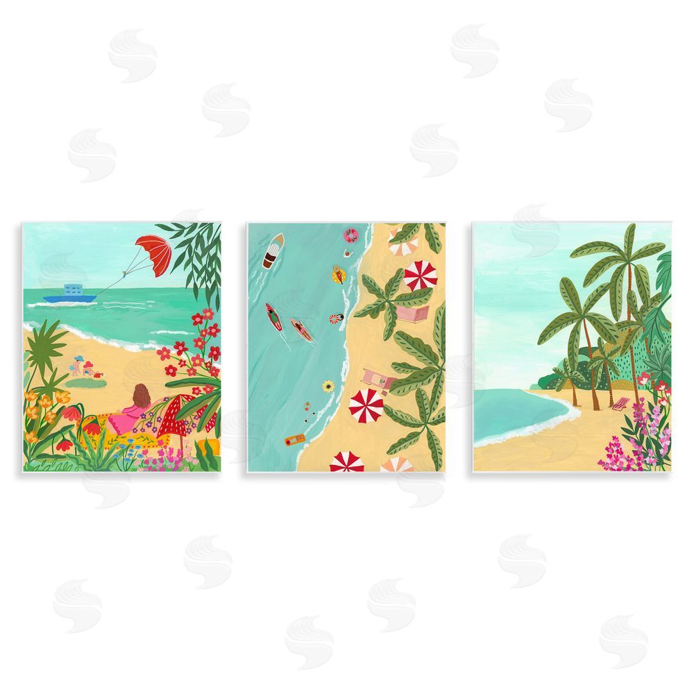 Nabeela Rumi Busy Beach And Flowers Wooden Wall Plaque Art Print