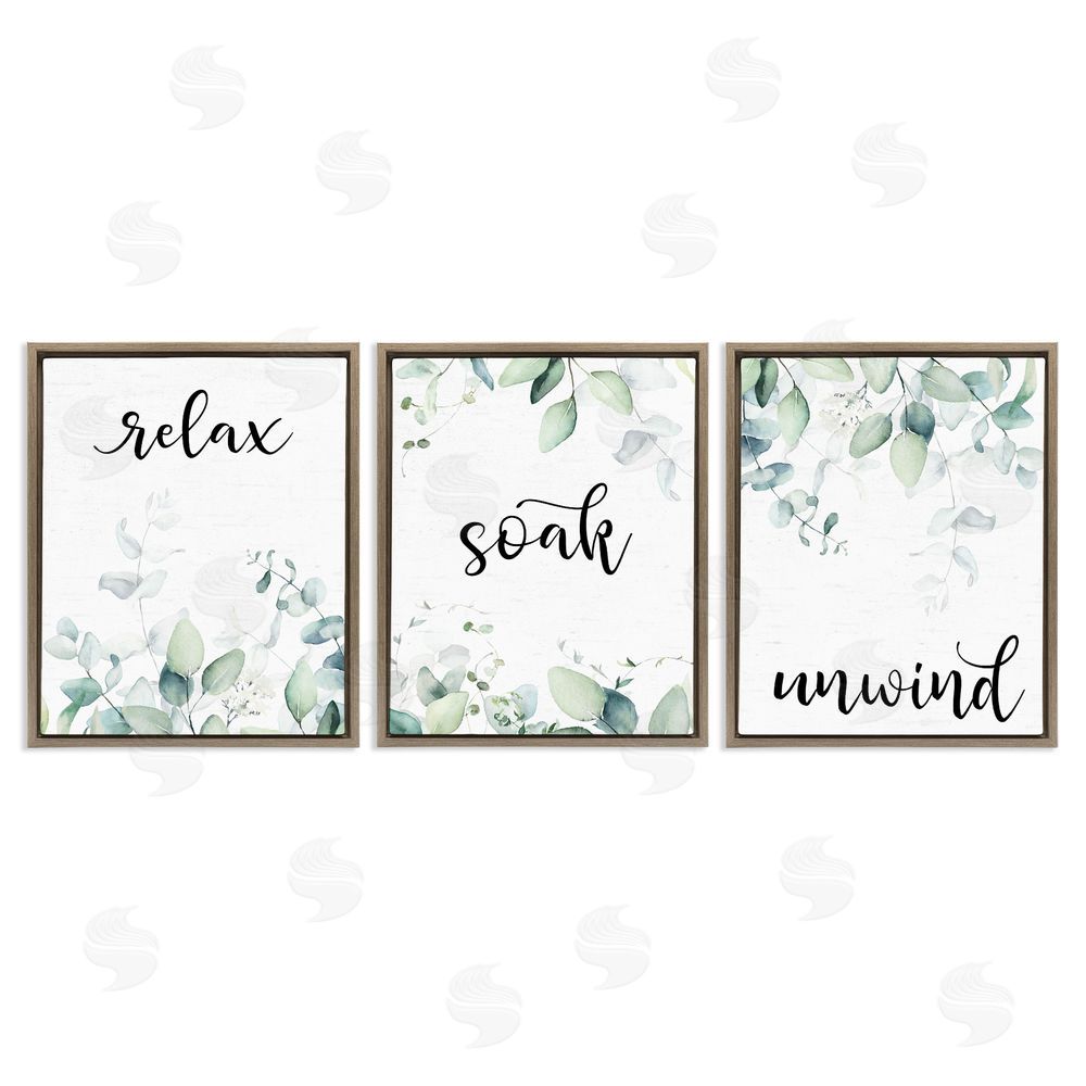 Lettered and Lined Leafy Bathroom Herbs Brown Floating Frame Canvas Wall Art Print