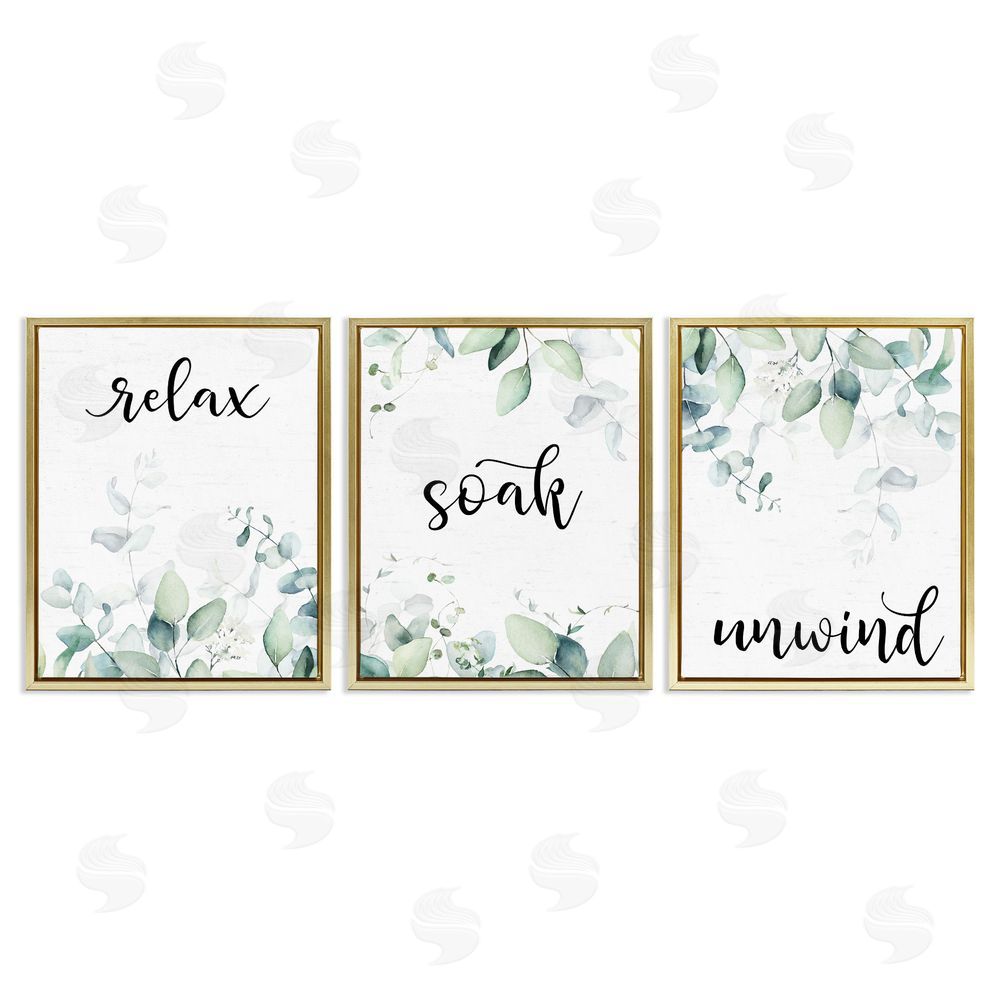 Lettered and Lined Leafy Bathroom Herbs Gold Floating Frame Canvas Wall Art Print