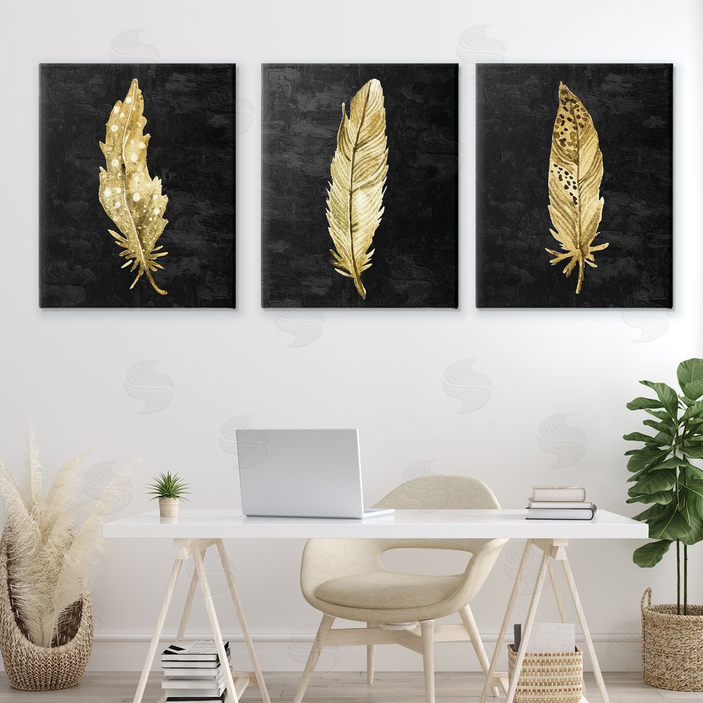 Kim Allen Black & Gold Feathers Stretched Canvas Wall Art Print in Room