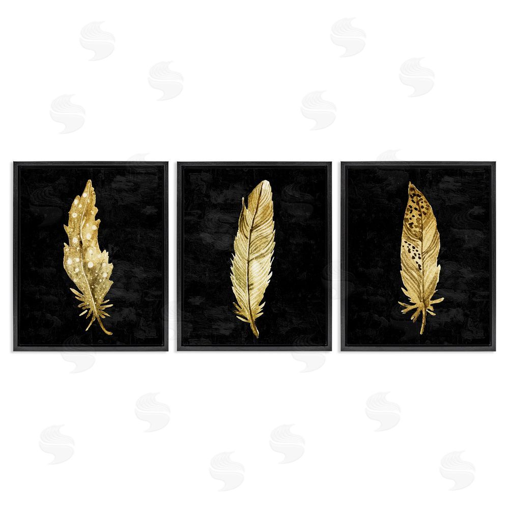 Kim Allen Black & Gold Feathers Black Floating Frame Canvas Wall Art Print
