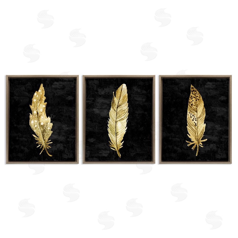 Kim Allen Black & Gold Feathers Brown Floating Frame Canvas Wall Art Print