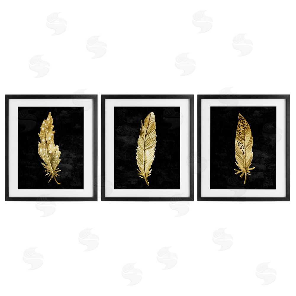 Kim Allen Black & Gold Feathers Black Framed Print Under Glass Wall Art