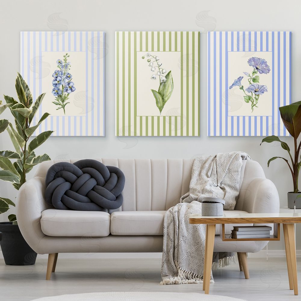 Lisa Wehmeyer Soft Stripe Cottage Blooms Stretched Canvas Wall Art Print in Room