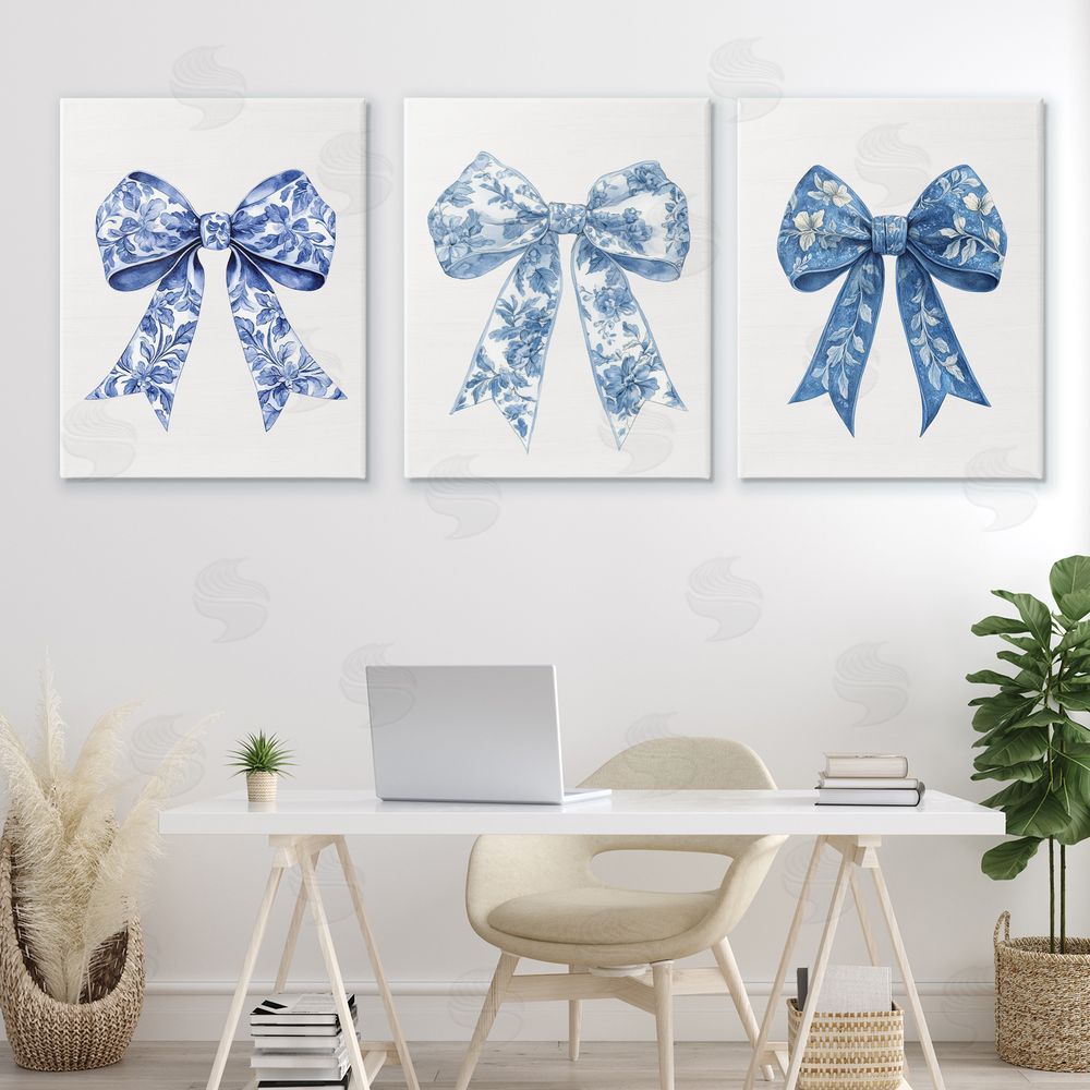 Lettered and Lined Vintage Toile Pattern Bows Stretched Canvas Wall Art Print in Room