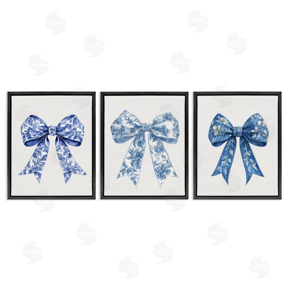 Lettered and Lined Vintage Toile Pattern Bows Black Floating Frame Canvas Wall Art Print