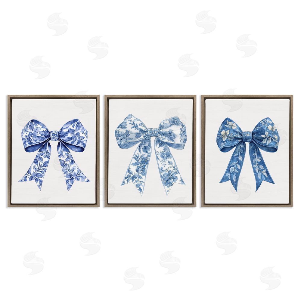 Lettered and Lined Vintage Toile Pattern Bows Brown Floating Frame Canvas Wall Art Print