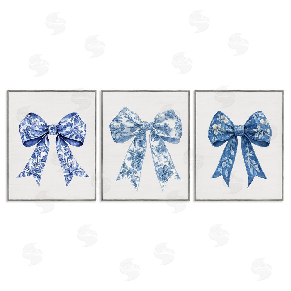 Lettered and Lined Vintage Toile Pattern Bows Gray Framed Giclee Print Wall Art