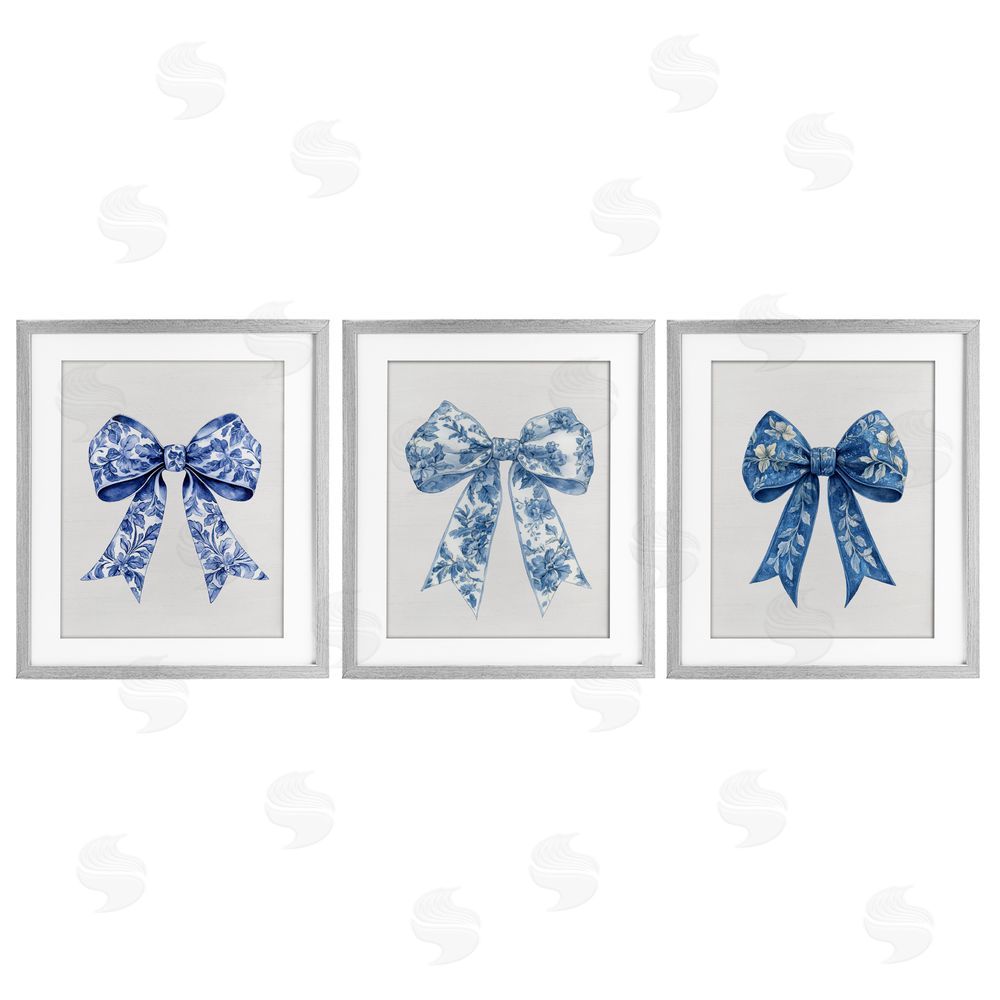 Lettered and Lined Vintage Toile Pattern Bows Gray Framed Print Under Glass Wall Art