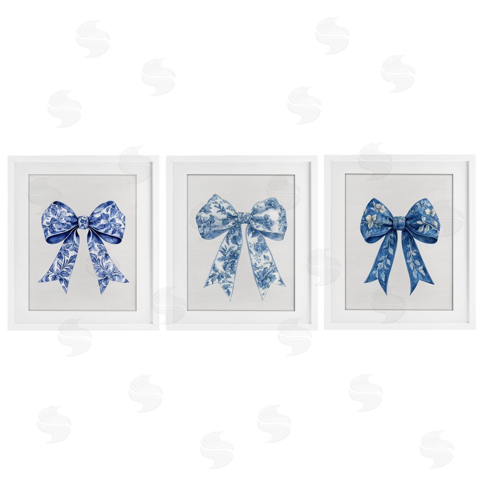 Lettered and Lined Vintage Toile Pattern Bows White Framed Print Under Glass Wall Art