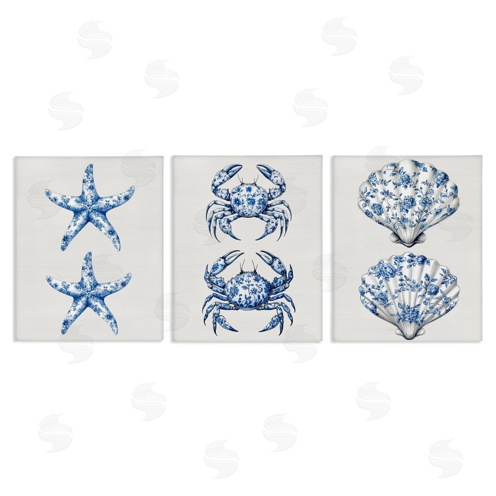 Lettered and Lined Vintage Toile Starfish & Crabs Stretched Canvas Wall Art Print