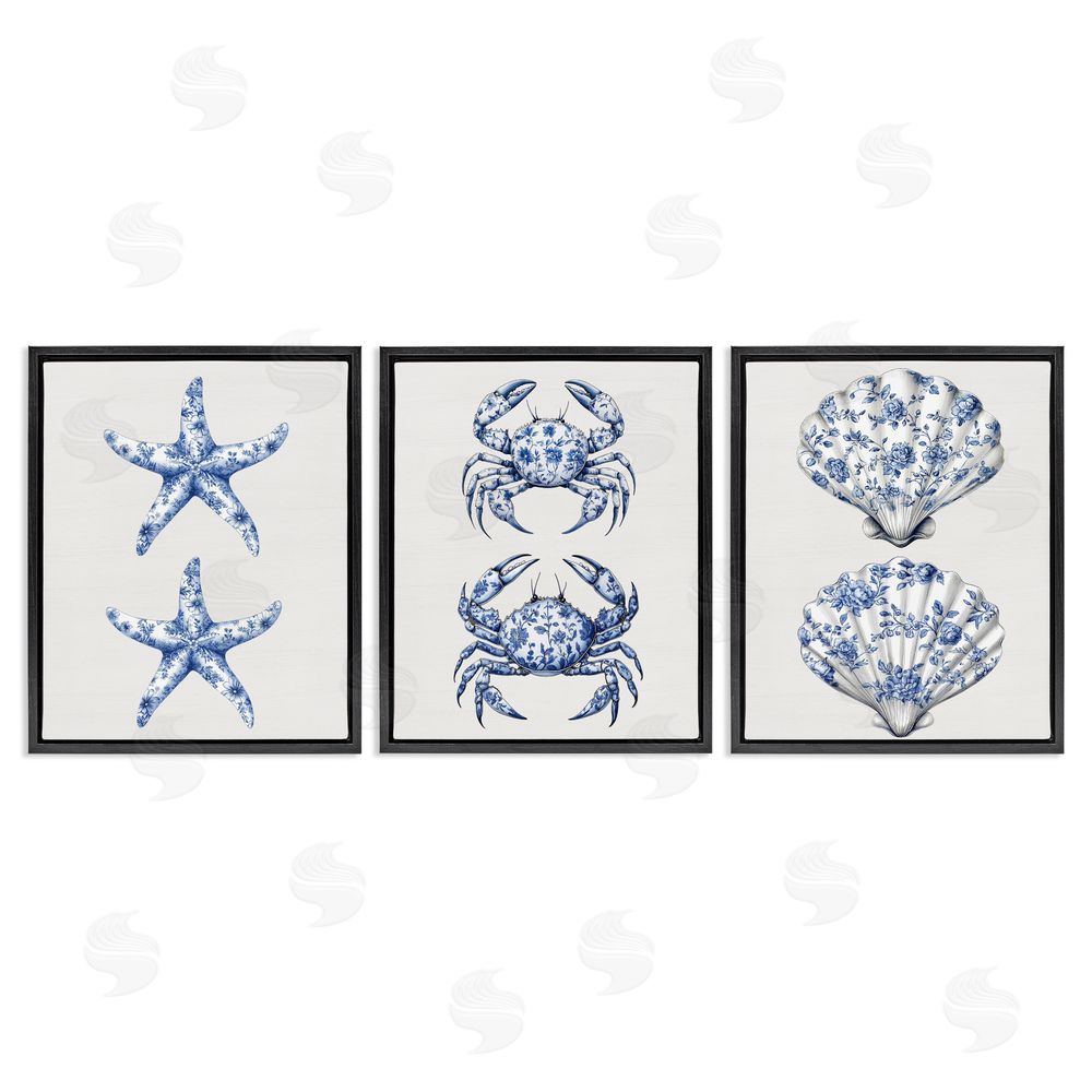 Lettered and Lined Vintage Toile Starfish & Crabs Black Floating Frame Canvas Wall Art Print