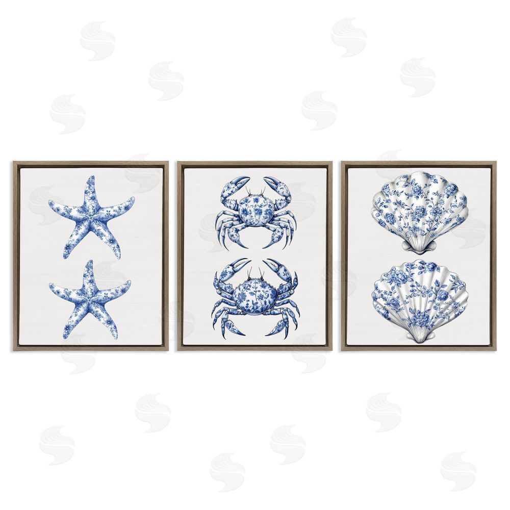 Lettered and Lined Vintage Toile Starfish & Crabs Brown Floating Frame Canvas Wall Art Print