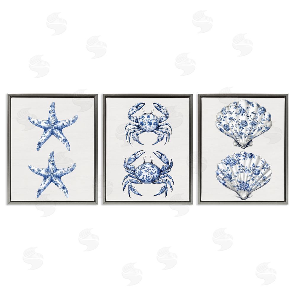 Lettered and Lined Vintage Toile Starfish & Crabs Gray Floating Frame Canvas Wall Art Print