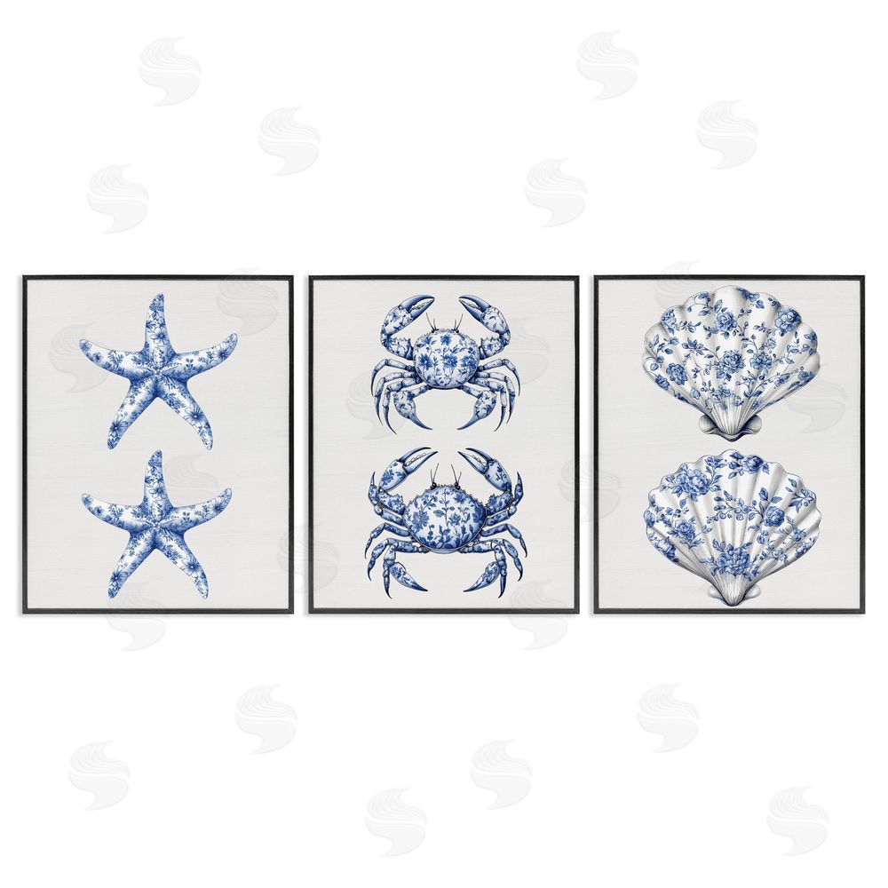 Lettered and Lined Vintage Toile Starfish & Crabs Black Framed Giclee Print Wall Art