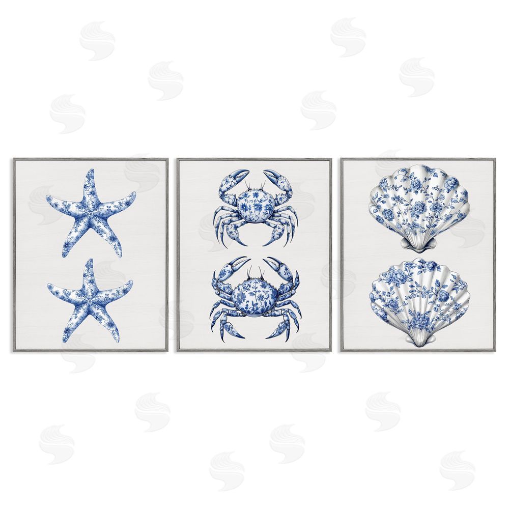 Lettered and Lined Vintage Toile Starfish & Crabs Gray Framed Giclee Print Wall Art