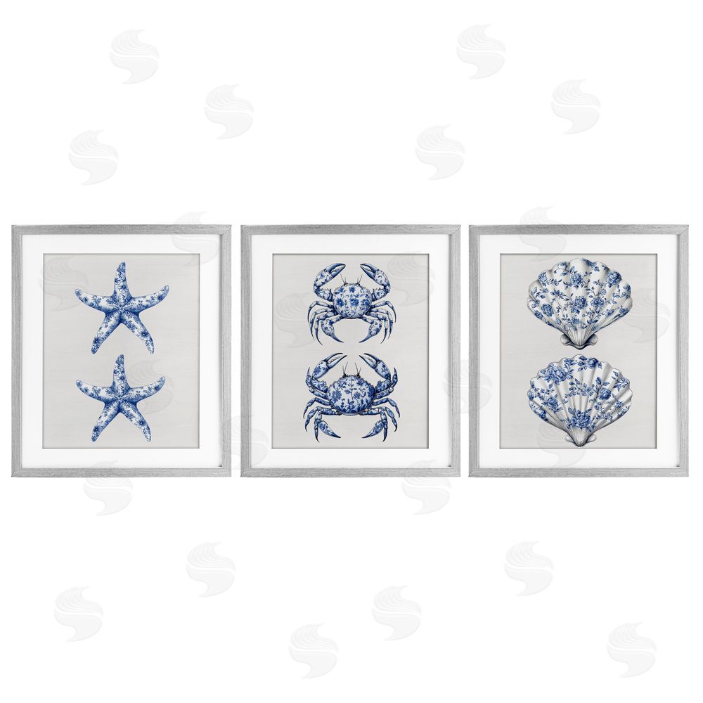 Lettered and Lined Vintage Toile Starfish & Crabs Gray Framed Print Under Glass Wall Art