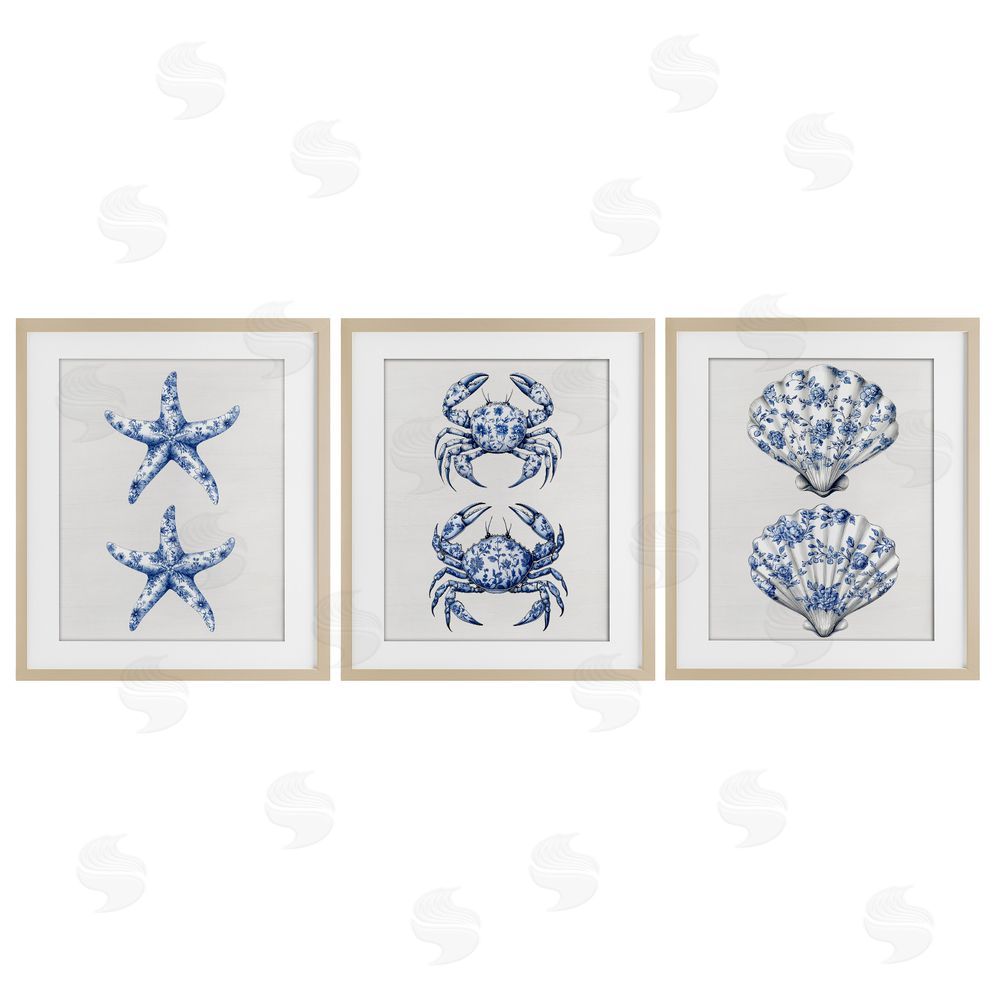 Lettered and Lined Vintage Toile Starfish & Crabs Brown Framed Print Under Glass Wall Art
