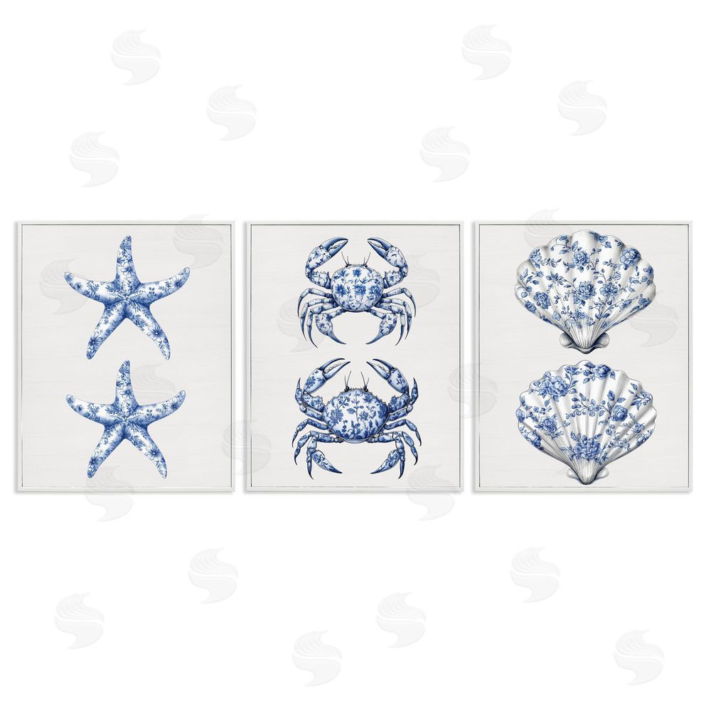Lettered and Lined Vintage Toile Starfish & Crabs White Framed Giclee Print Wall Art