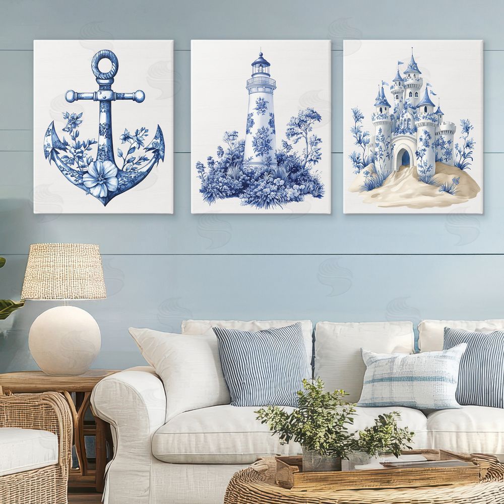 Lettered and Lined Ornate Nautical Toile Patterns Stretched Canvas Wall Art Print in Room