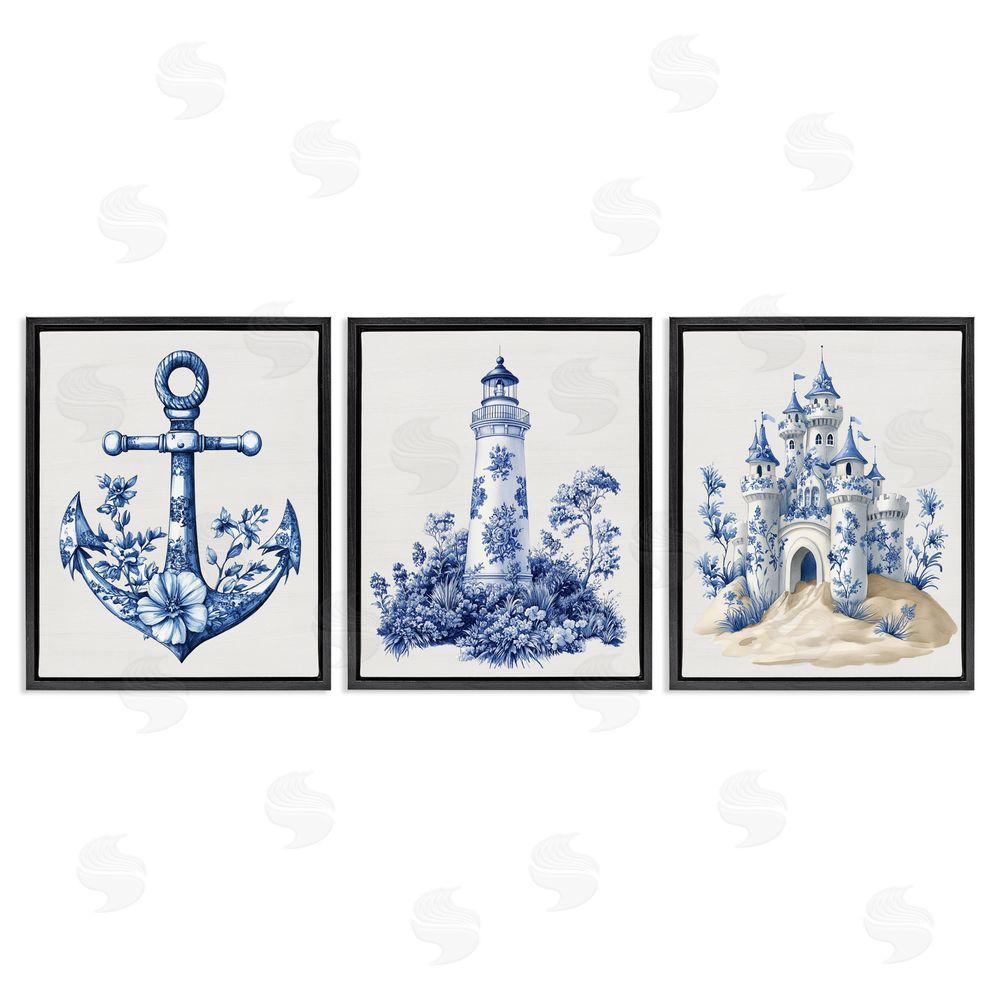 Lettered and Lined Ornate Nautical Toile Patterns Black Floating Frame Canvas Wall Art Print
