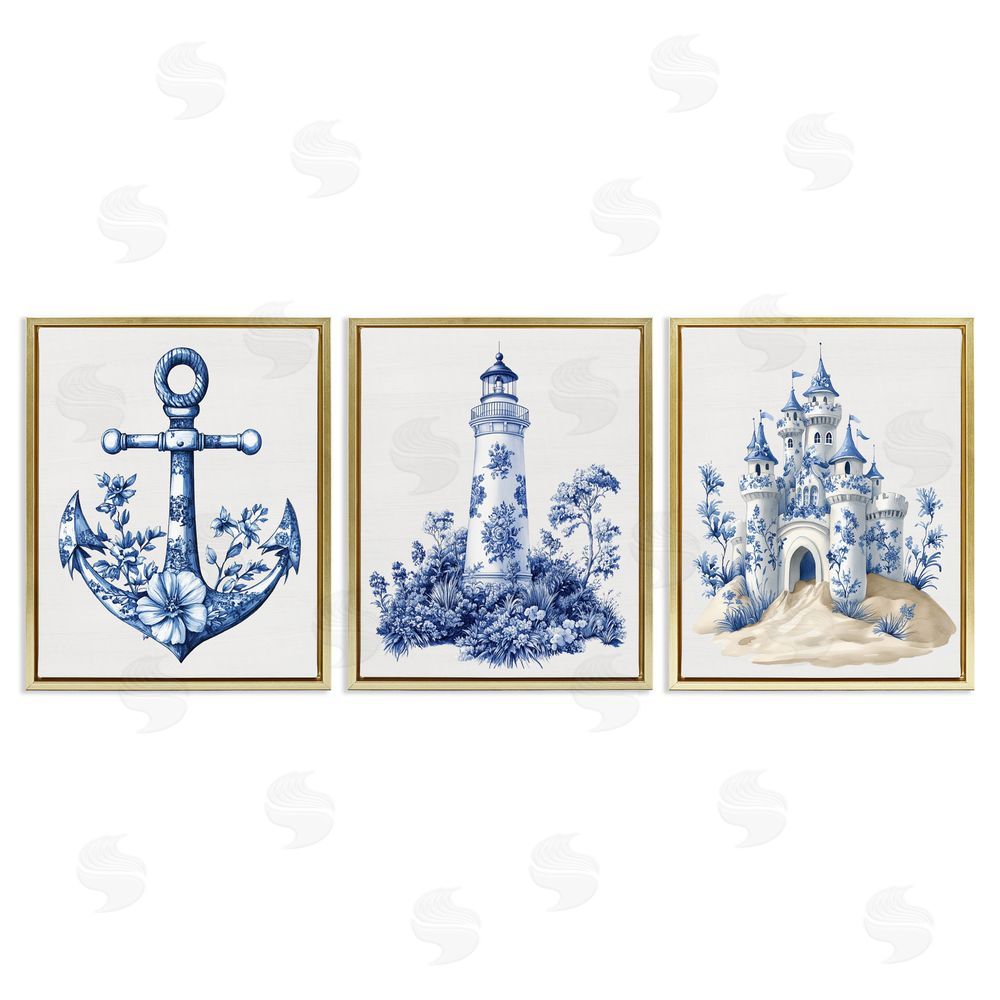 Lettered and Lined Ornate Nautical Toile Patterns Gold Floating Frame Canvas Wall Art Print