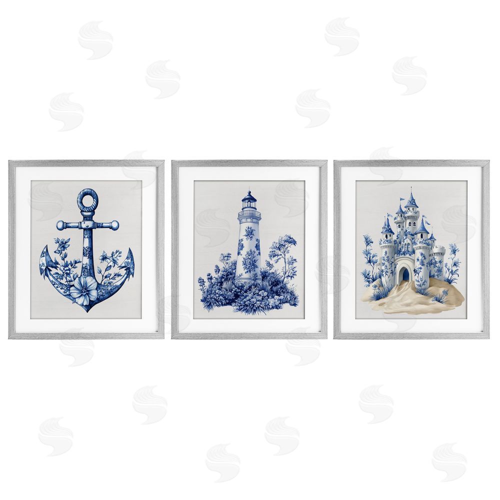 Lettered and Lined Ornate Nautical Toile Patterns Gray Framed Print Under Glass Wall Art