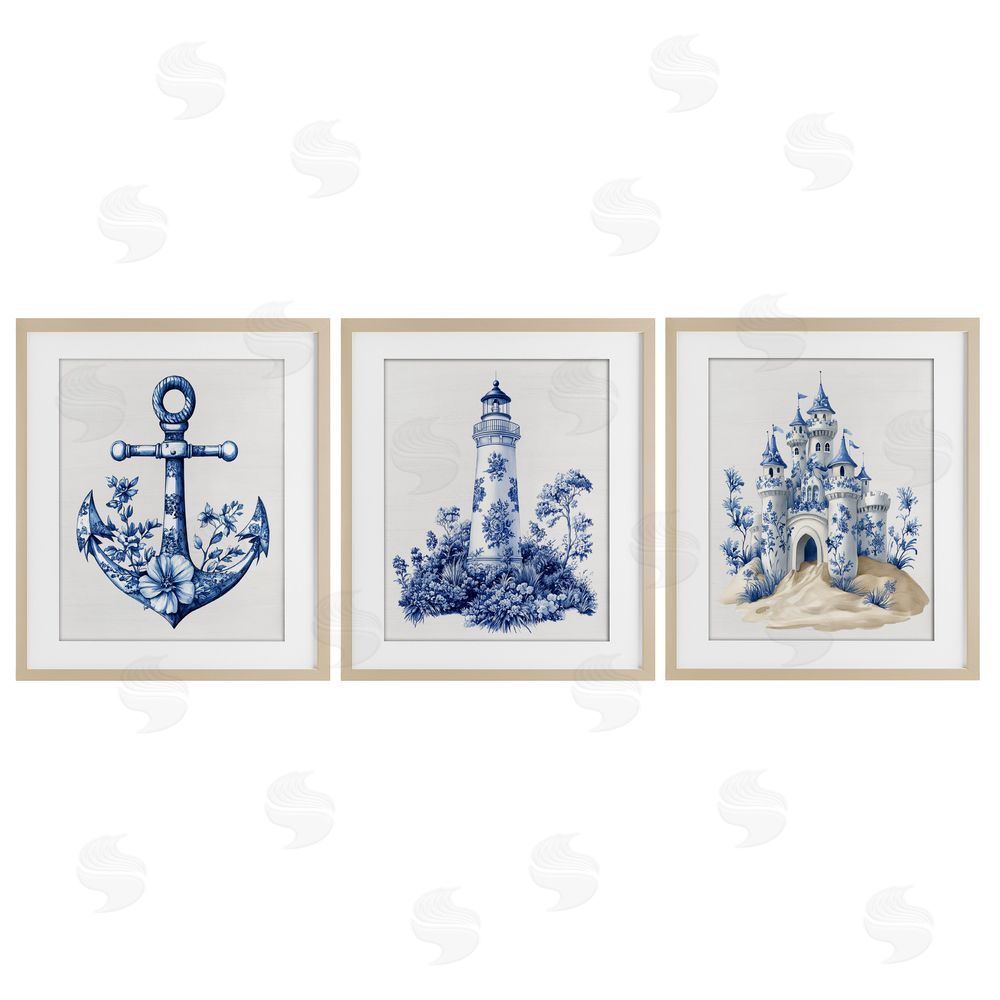 Lettered and Lined Ornate Nautical Toile Patterns Brown Framed Print Under Glass Wall Art