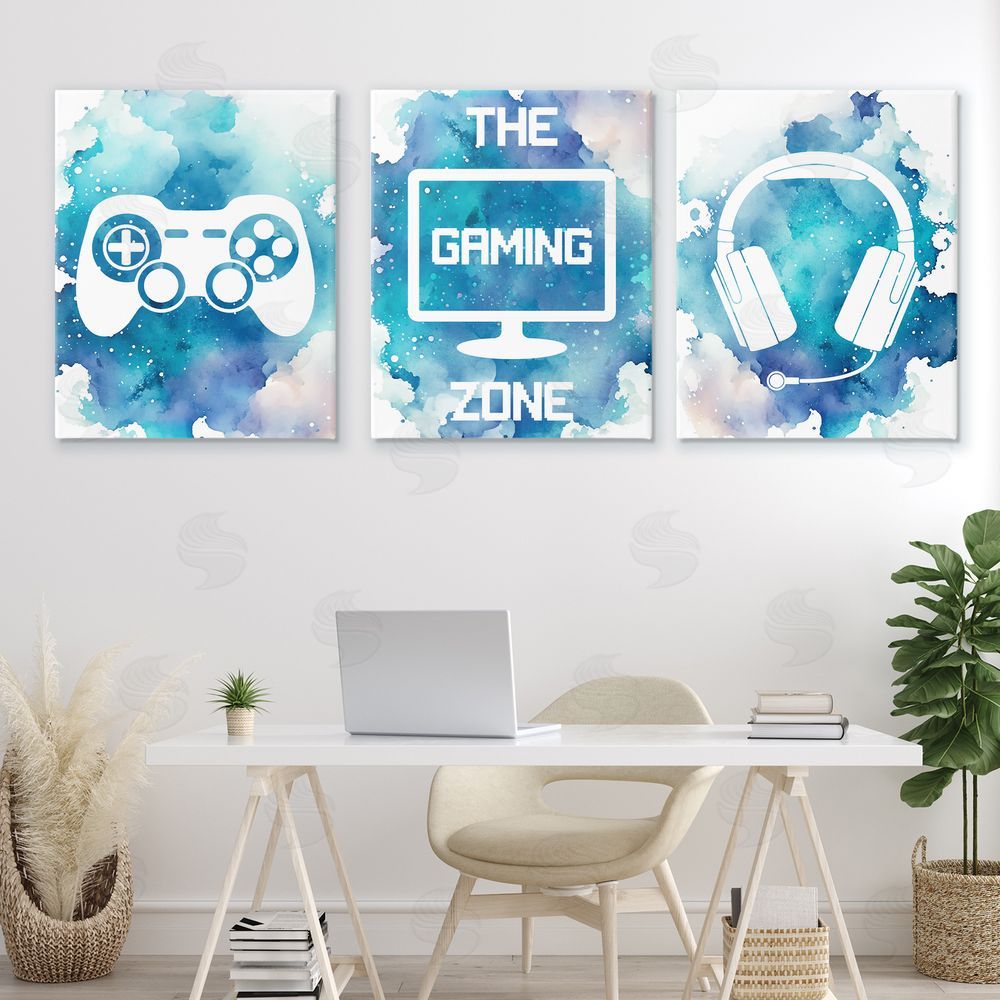 Marcus Prime Blue Gamer Splatters Stretched Canvas Wall Art Print in Room