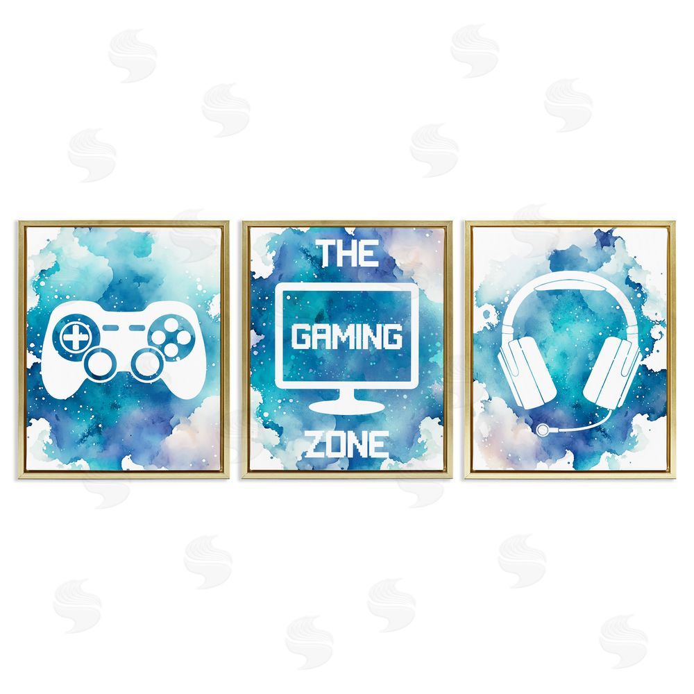 Marcus Prime Blue Gamer Splatters Gold Floating Frame Canvas Wall Art Print