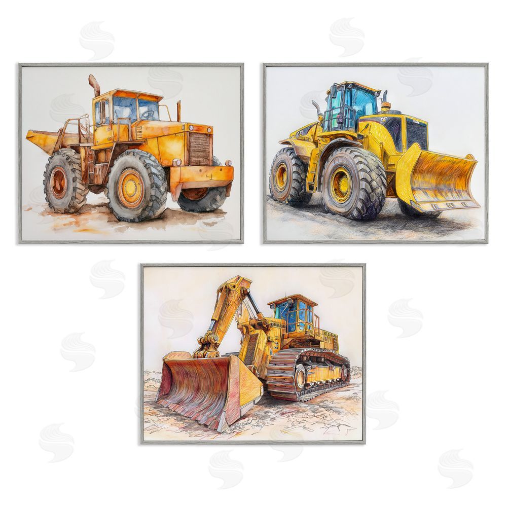 Steve Hunziker Various Construction Trio Gray Framed Giclee Wall Art Print