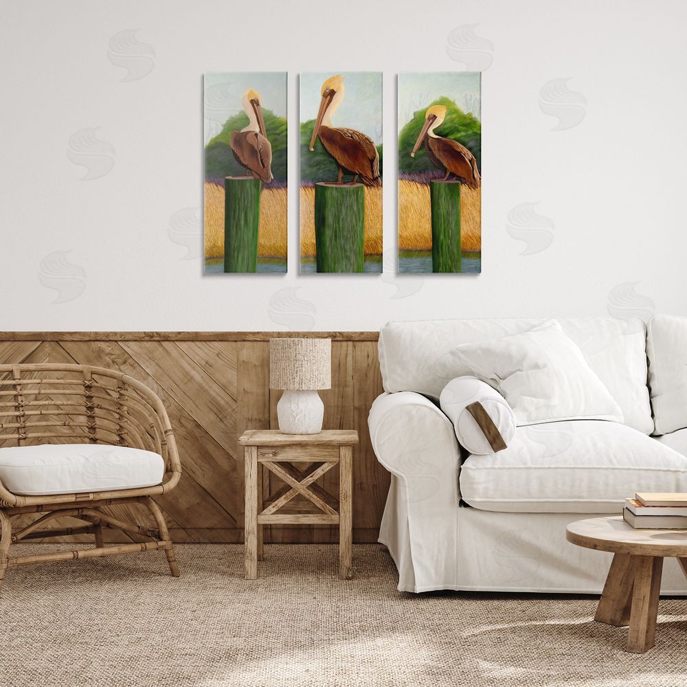 Barbara Fallenbaum Blue Eyed Pelicans in Marsh Stretched Canvas Wall Art in Room