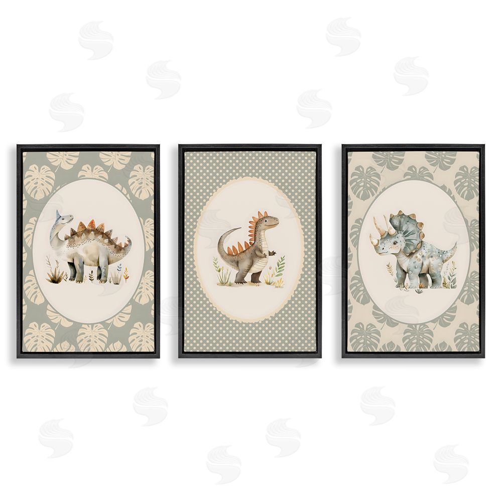 LSR Design Studio Nursery Dinosaurs Tropical Border Black Floating Framed Canvas Wall Art