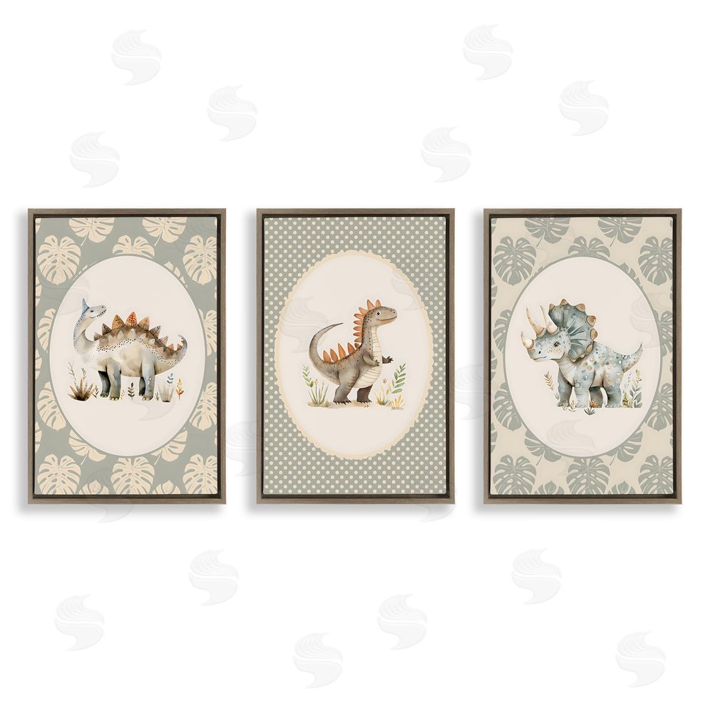 LSR Design Studio Nursery Dinosaurs Tropical Border Brown Floating Framed Canvas Wall Art