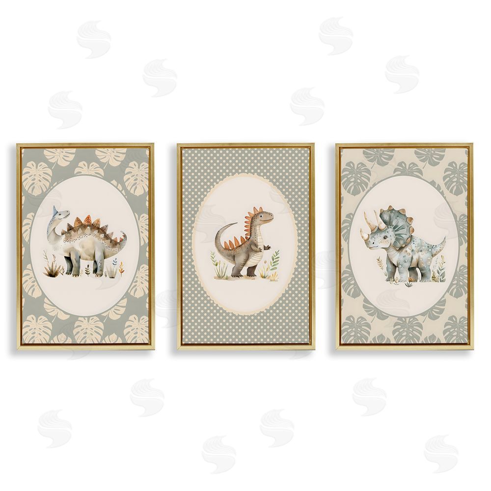 LSR Design Studio Nursery Dinosaurs Tropical Border Gold Floating Framed Canvas Wall Art