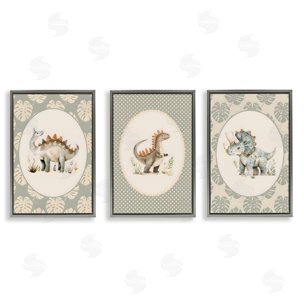 LSR Design Studio Nursery Dinosaurs Tropical Border Gray Floating Framed Canvas Wall Art
