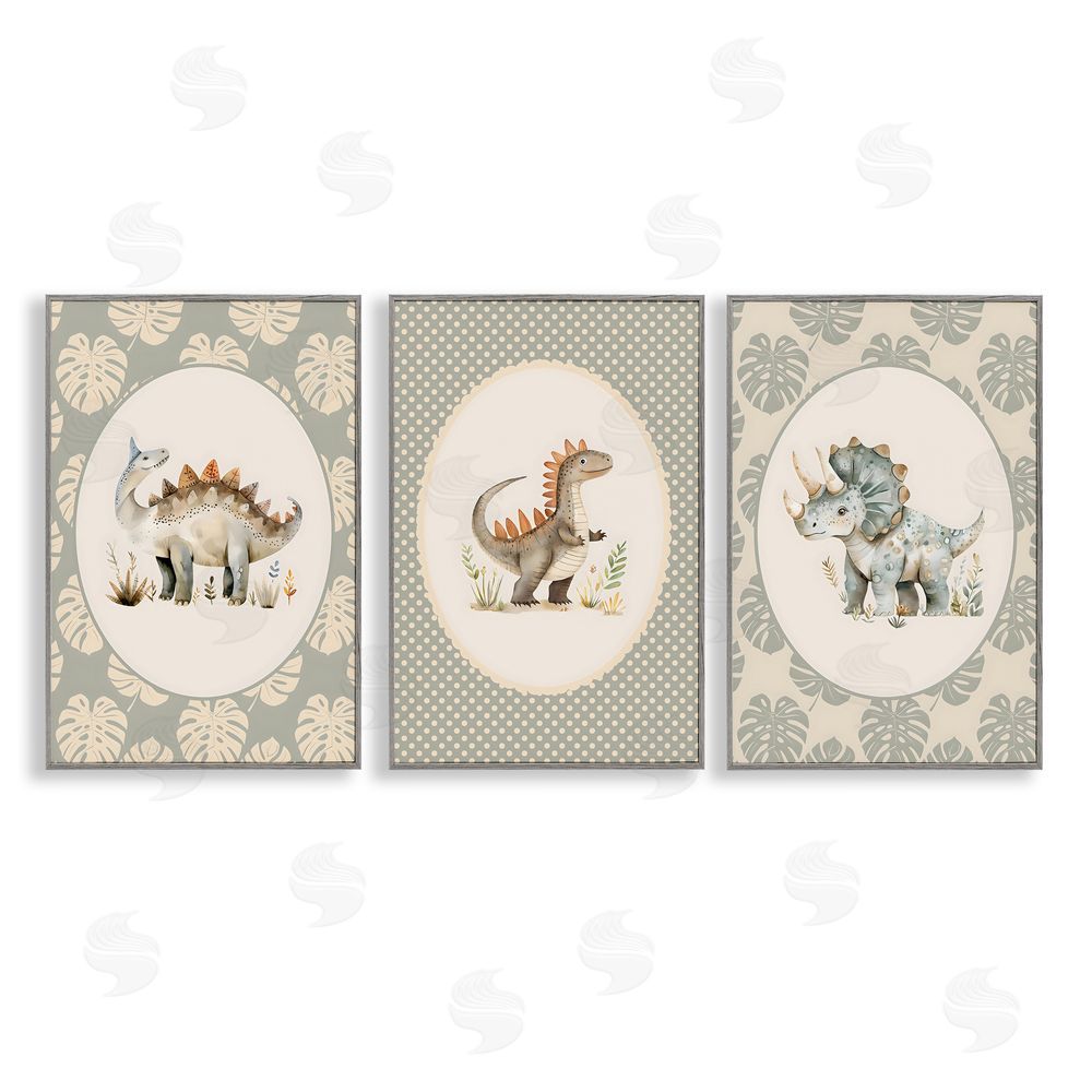 LSR Design Studio Nursery Dinosaurs Tropical Border Gray Framed Giclee Wall Art