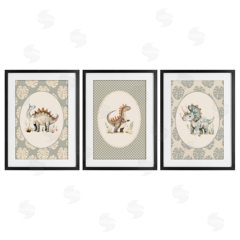 LSR Design Studio Nursery Dinosaurs Tropical Border Black Framed Print Under Glass Wall Art