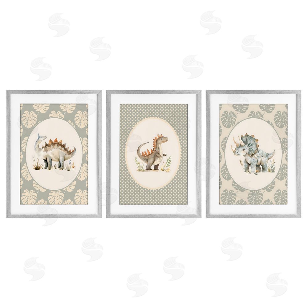 LSR Design Studio Nursery Dinosaurs Tropical Border Gray Framed Print Under Glass Wall Art