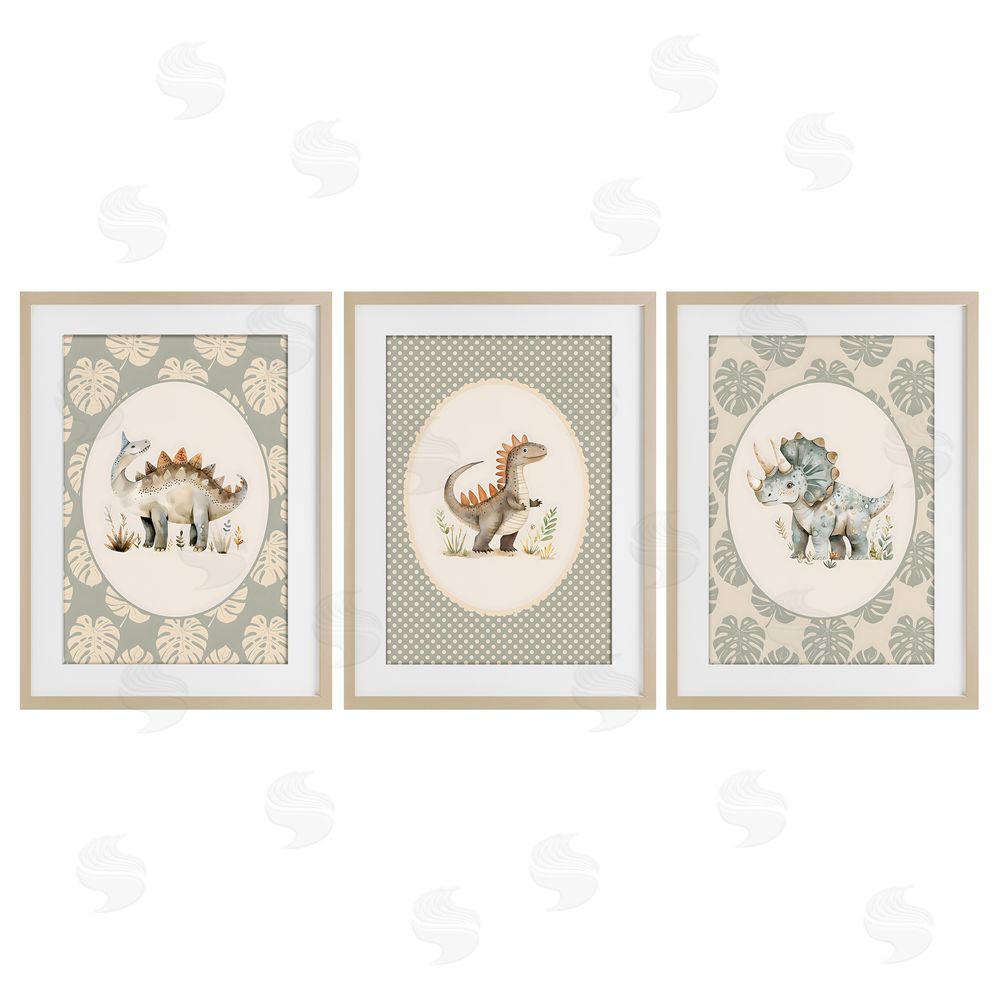 LSR Design Studio Nursery Dinosaurs Tropical Border Brown Framed Print Under Glass Wall Art