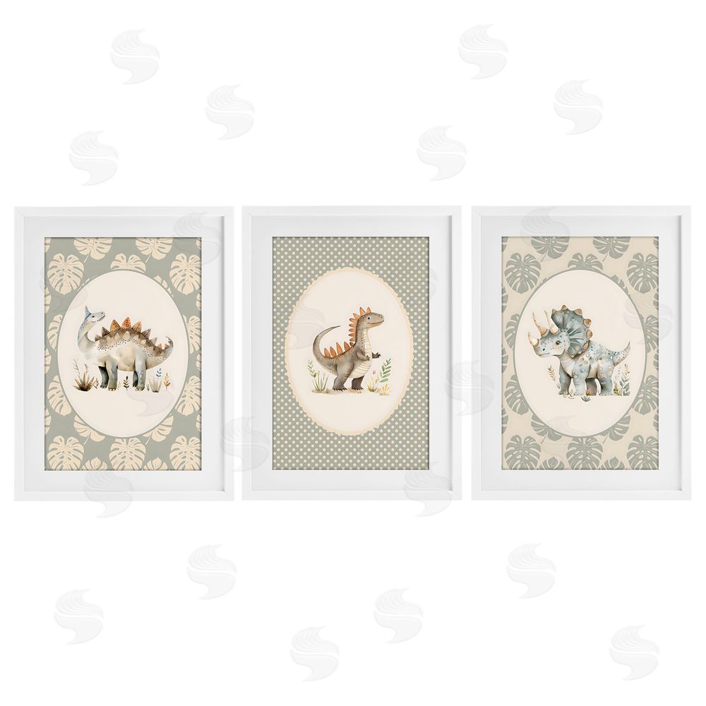 LSR Design Studio Nursery Dinosaurs Tropical Border White Framed Print Under Glass Wall Art