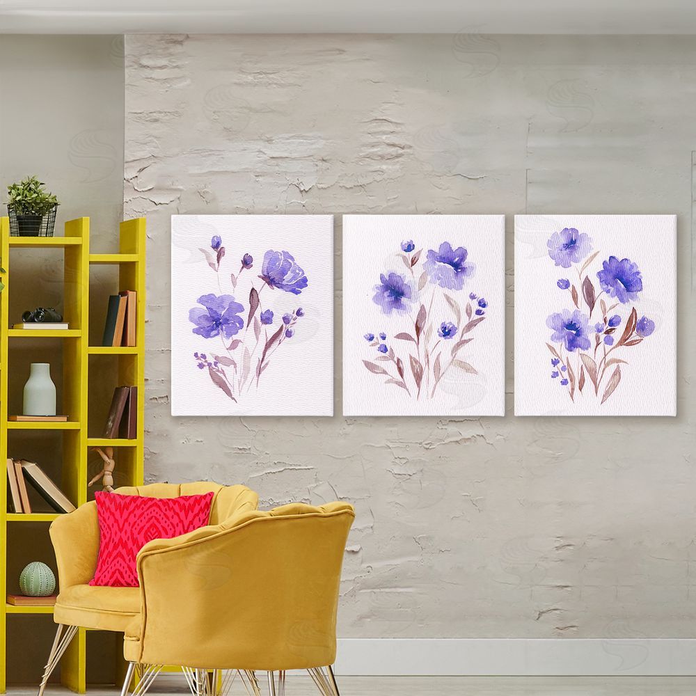 Leah Noel Art Watercolor Purple Blooms Stretched Cavas Wall Art Set in Room