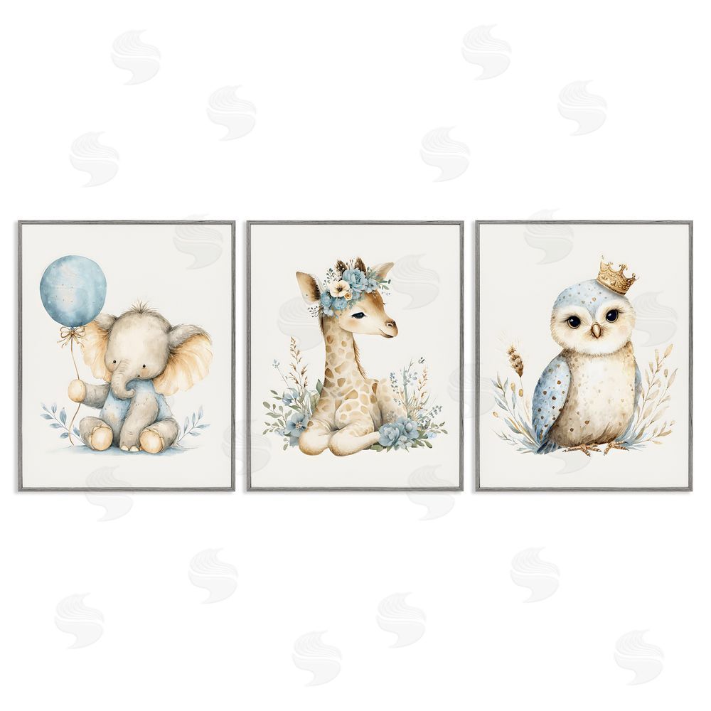 LSR Design Studio Watercolor Nursery Animals Gray Framed Giclee Wall Art Print