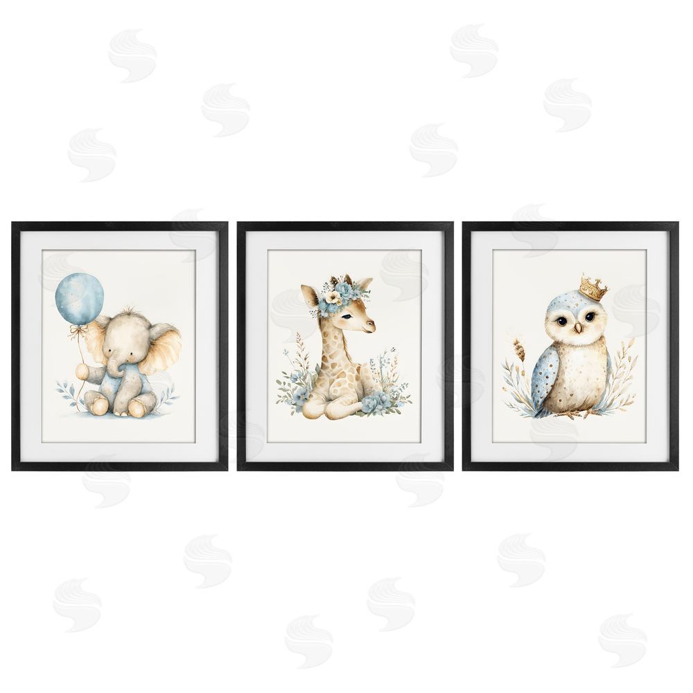 LSR Design Studio Watercolor Nursery Animals Black Framed Print Under Glass with White Mat Wall Art