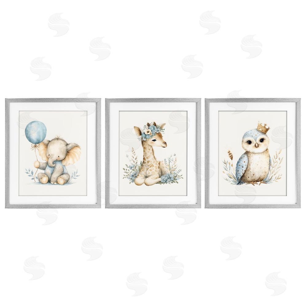 LSR Design Studio Watercolor Nursery Animals Gray Framed Print Under Glass with White Mat Wall Art