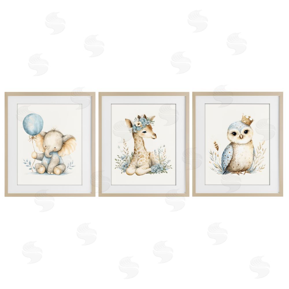 LSR Design Studio Watercolor Nursery Animals Brown Framed Print Under Glass with White Mat Wall Art