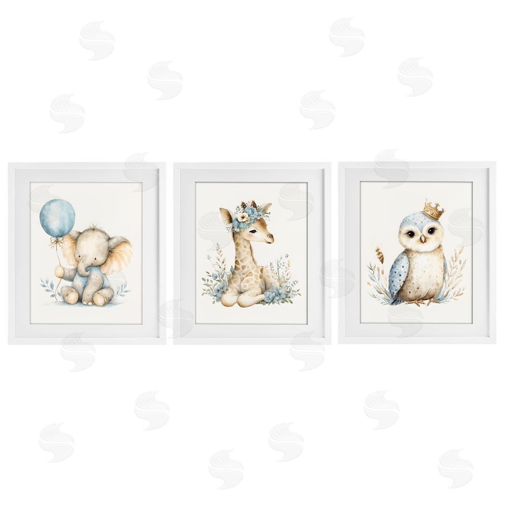 LSR Design Studio Watercolor Nursery Animals White Framed Print Under Glass with White Mat Wall Art